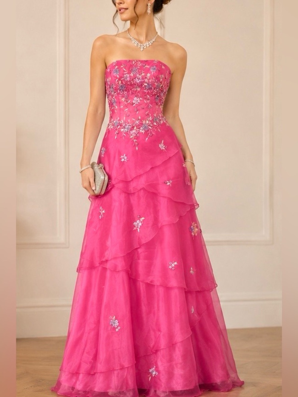 Strapless Fuschia Evening Gown with Embroidered Bodice
